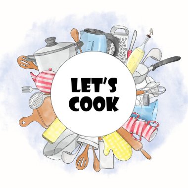 Çizim çizimi yapalım. Mavi suluboya arka planda çizgi film mutfak malzemeleri.