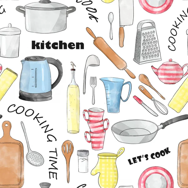 Skica Vzor Kreslené Nádobí Černými Nápisy Vařit Kuchyně Pojďme Vařit — Stock fotografie