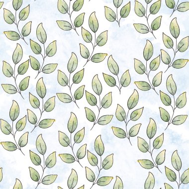 Kağıt ve kumaş için suluboya desen. Suluboya resim yeşili, arka planda mavi suluboya lekeleri ve yapraklar. Tasarım için kusursuz desen.