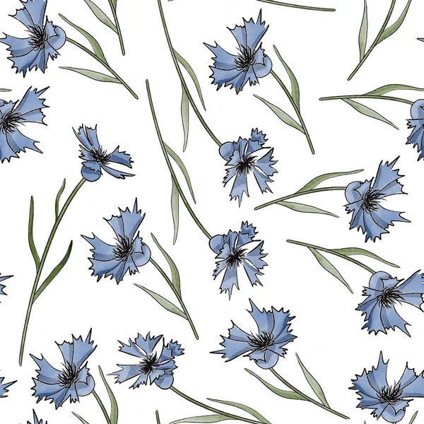 Cute Watercolor Pattern Fabric Paper Botanical Illustration Cartoony Wildflowers Summer — Stock Photo, Image