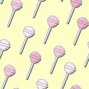 Vektör pembe lolipoplar kusursuz desen. Sarı arka planda çizgi film şekerleri. Kumaş, kağıt, duvar kağıdı ve daha fazlası için sevimli tasarım.