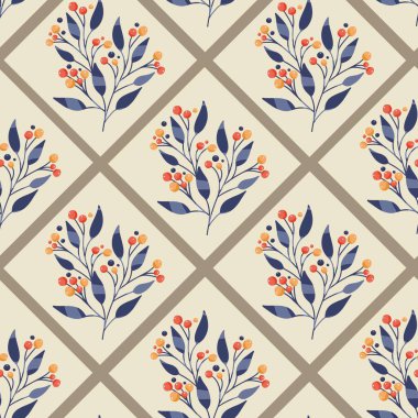 Kahverengi arka planda böğürtlen desenli mavi yapraklar. Geometrik Vektör arkaplanı. Kumaş, ambalaj ve tekstil için yaratıcı doku. Yazdır.