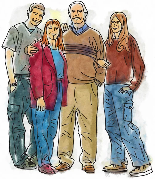 Glückliche Familie: Mutter, Vater, Tochter und Sohn stapfen zusammen — Stockillustration Glückliche Familie: Mutter, Vater, Tochter und Sohn Vektor Illustration — Stockvektor