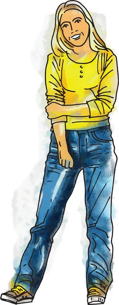 Fille dans un T-shirt jaune et jeans bleu illustration vectorielle — Image vectorielle