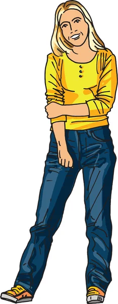 Chica en una camiseta amarilla y vaqueros azules vector ilustración — Archivo Imágenes Vectoriales