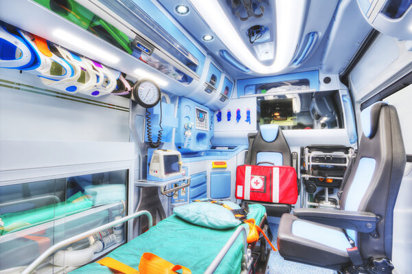 Interior of an ambulance. 