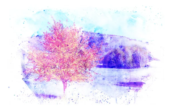 Podzimní krajina s pozadím v akvarel. — Stock fotografie