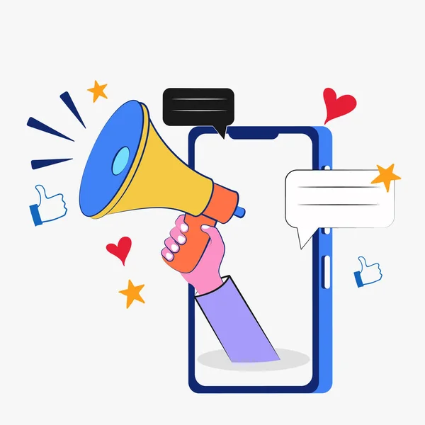 Duyuru ve reklam illüstrasyon konsepti için akıllı telefondan el ele megafonu.