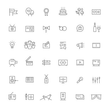 Kutlamalar, gösterir ve medya simgeleri. Siyah. İnce çizgiler.