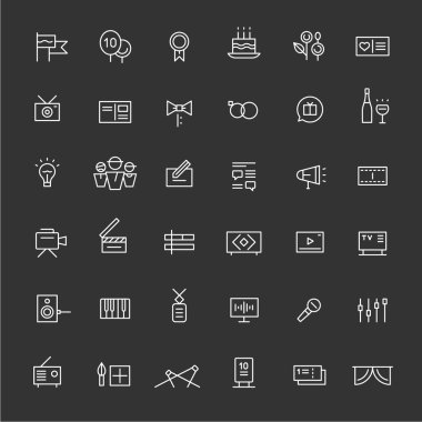 Kutlamalar, gösterir ve medya simgeleri. Beyaz.