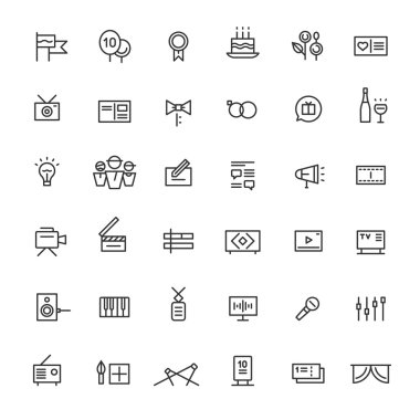 Kutlamalar, gösterir ve medya simgeleri. Siyah.