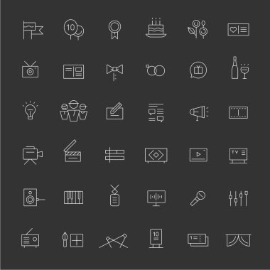 Kutlamalar, gösterir ve medya simgeleri. Beyaz. İnce çizgiler.