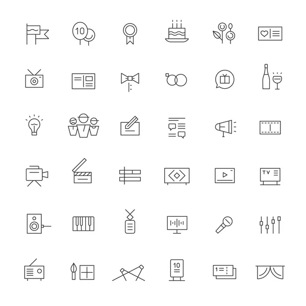 Iconos de celebraciones, espectáculos y medios de comunicación. Negro. Líneas delgadas . — Archivo Imágenes Vectoriales