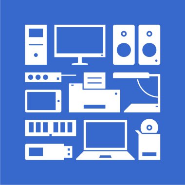 Bilgisayar donanımları. Desen. Beyaz ve mavi.