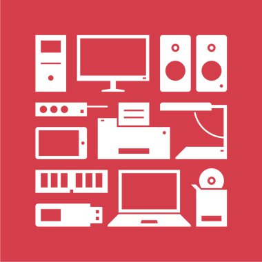 Bilgisayar donanımları. Desen. Beyaz ve kırmızı.