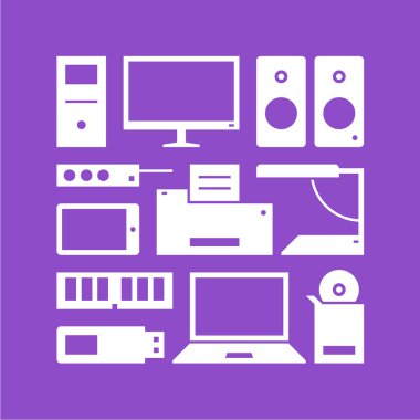 Bilgisayar donanımları. Desen. Beyaz ve mor.