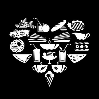 Foods and drinks in heart shape. White.