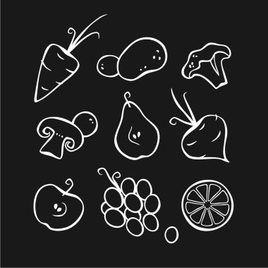 Sebze, meyve ve çilek. Bölüm 1. Beyaz anahat.