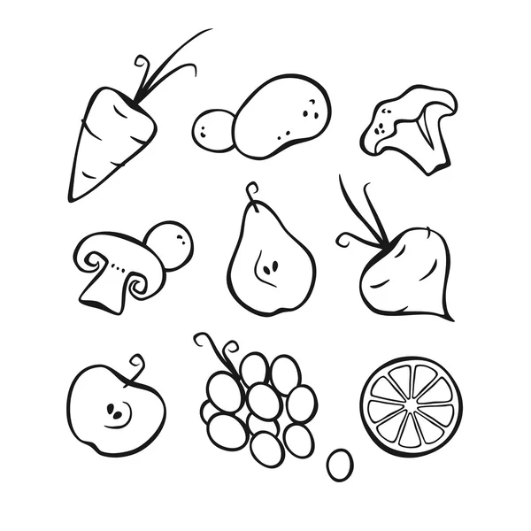 Légumes, fruits et baies. Première partie. contours noirs . — Image vectorielle