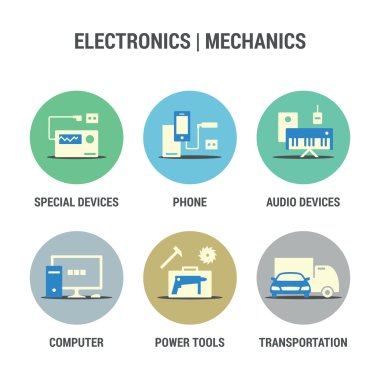 Elektronik ve mekanik alan simgeler kümesi. Renkli.
