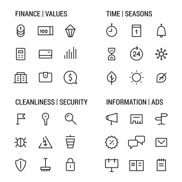 Icônes ensembles : finances et valeurs, temps et saisons, propreté et sécurité, informations et annonces. linéaire, noir . — Image vectorielle