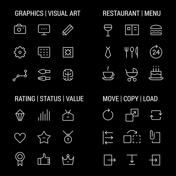 Icons sets: graphics and visual art, restaurant and menu, rating and status, move and copy. Linear, white. — Stock Vector