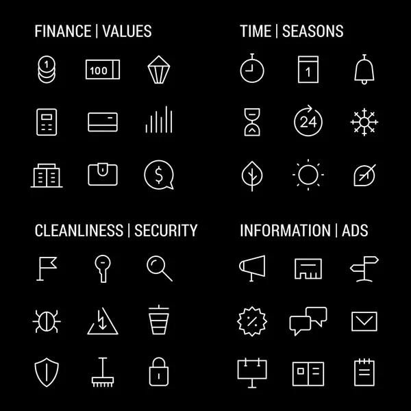 Icônes ensembles : finances et valeurs, temps et saisons, propreté et sécurité, informations et annonces. linéaire, blanc . — Image vectorielle