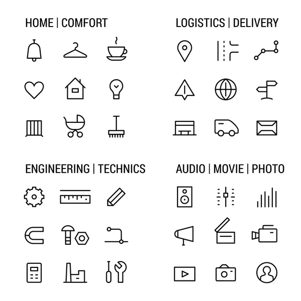 Icons sets: home and comfort, logistics and delivery, engineering and technics, audio, movie, photo. Linear, black. — Stock Vector