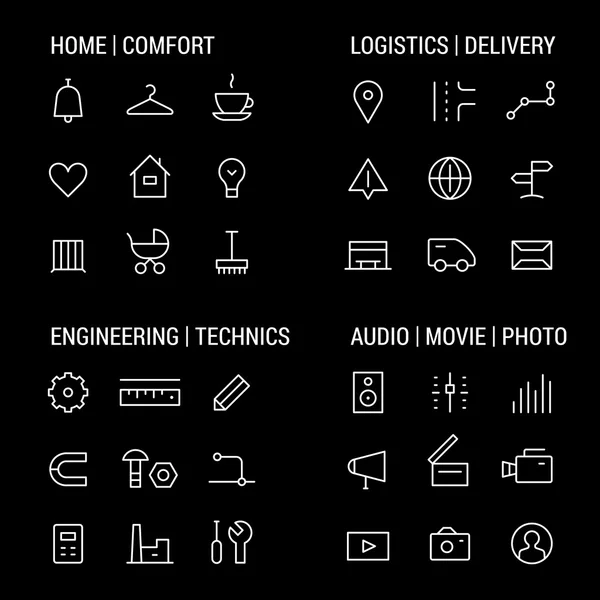 Ikony sady: domova a pohodlí, logistiky a dodávky, strojírenství a technika, audio, video, Foto. Lineární, bílá. — Stockový vektor
