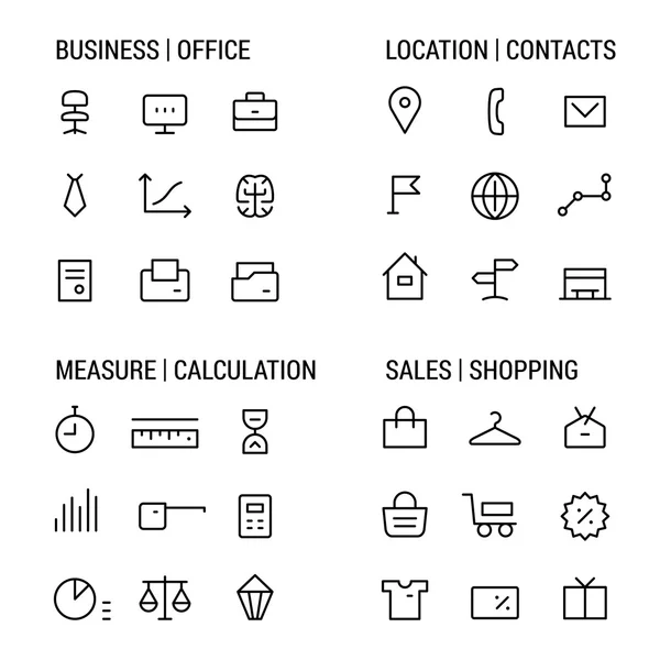 Conjuntos de ícones: negócios e escritório, localização e contatos, medida e cálculo, vendas e compras. Linear, preto . — Vetor de Stock