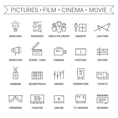 Film, film, sinema, resim alanı simgeler. Doğrusal, siyah.