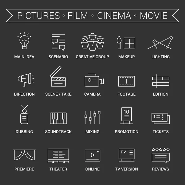 Iconos de película, cine, cine, área de imágenes. Lineal, blanco . — Vector de stock