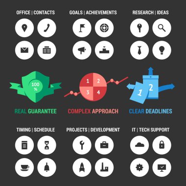 Simgeler şirket geliştirme alanını ayarlar. Siyah ve renkli.