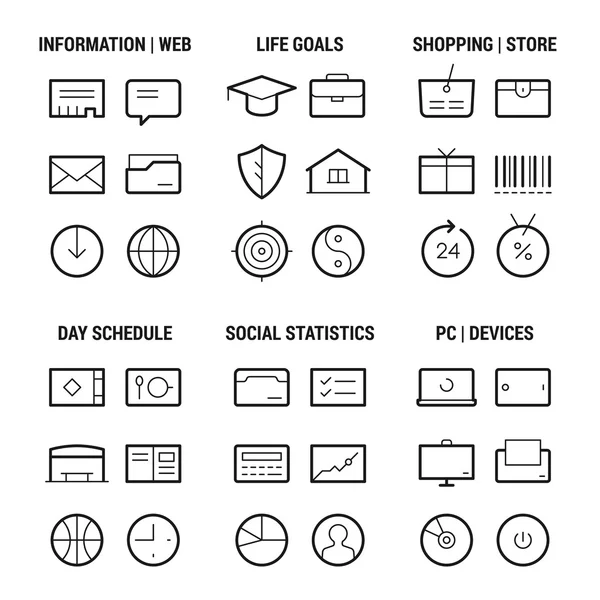 Conjunto de ícones de 6 áreas de vida: informações, metas, compras, cronograma, estatísticas, dispositivos. Linear, preto . — Vetor de Stock