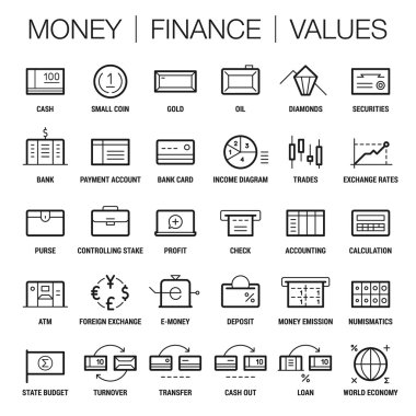 Para, finans ve değerler alanı simgeler kümesi. Kalın ve ince çizgiler. Beyaz üzerine siyah.