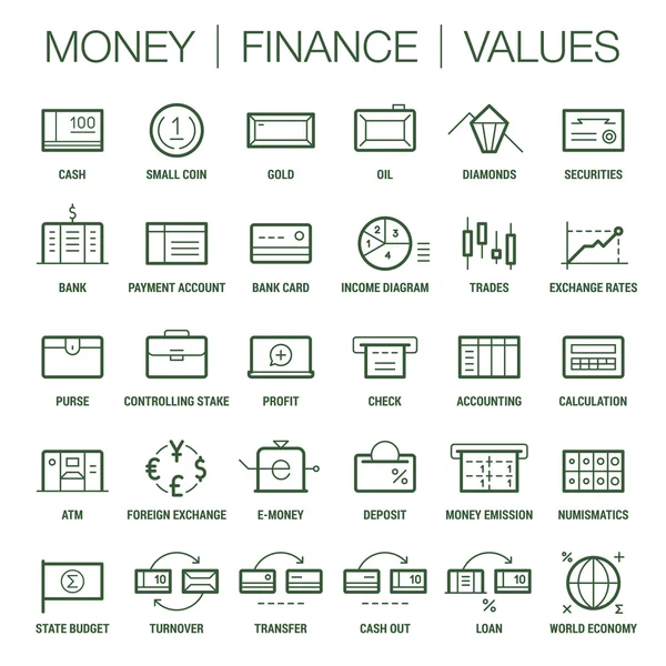 Иконы - это набор денег, финансов и ценностей. Толстые и тонкие линии. Цветные на белом . — стоковый вектор