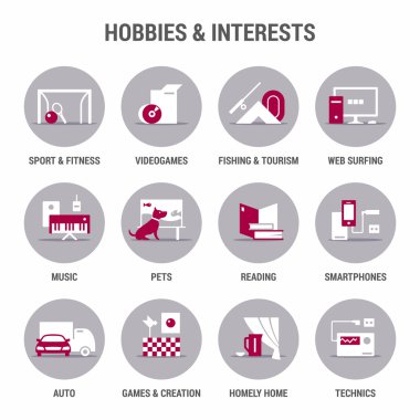 Icons set of hobbies and interests. Flat. Color 2. clipart
