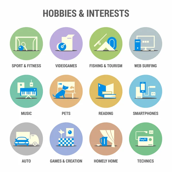 Icons set of hobbies and interests. Flat. Colorized. — Stock Vector