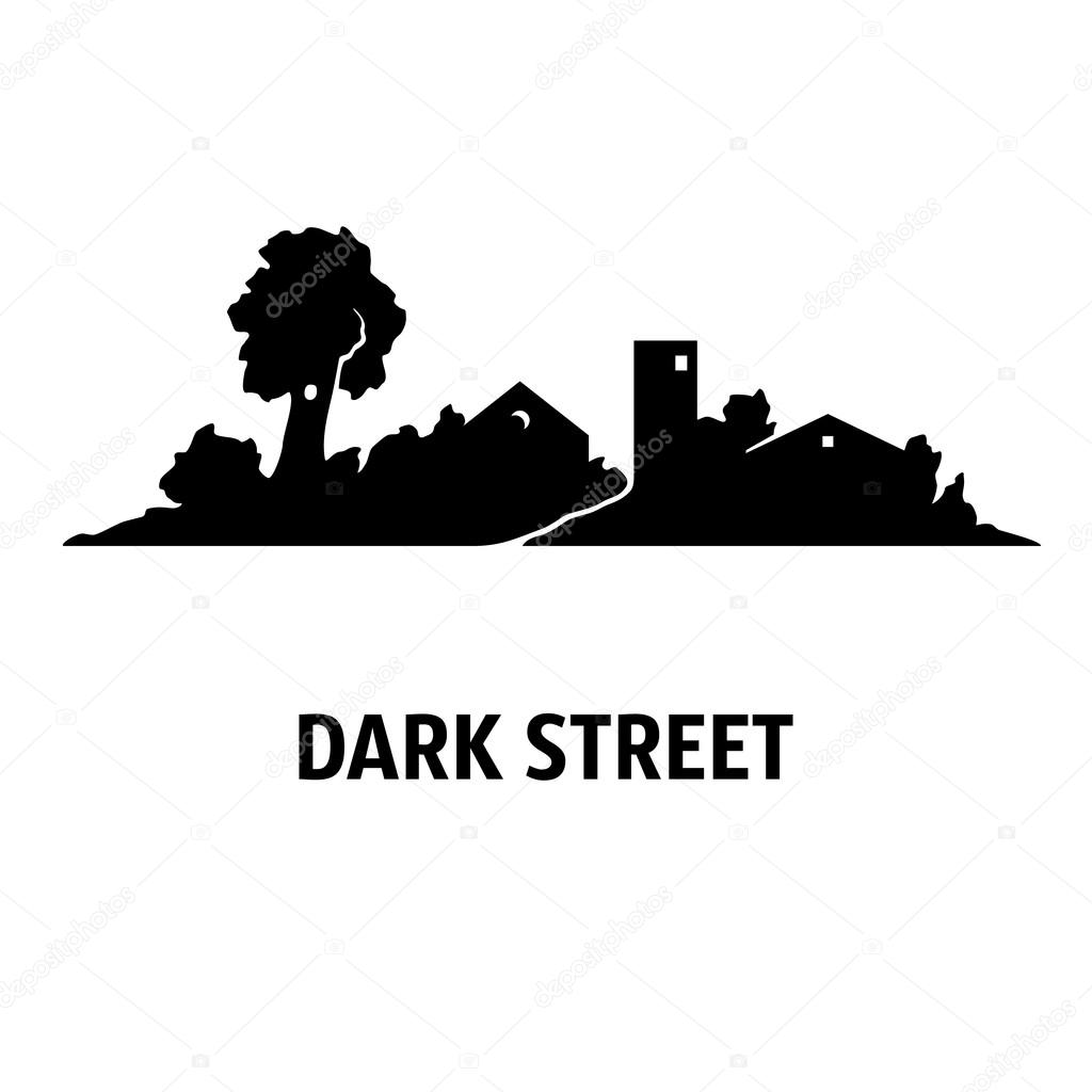 Illustration of street with cottages and trees at night. Silhouettes. Black on white.