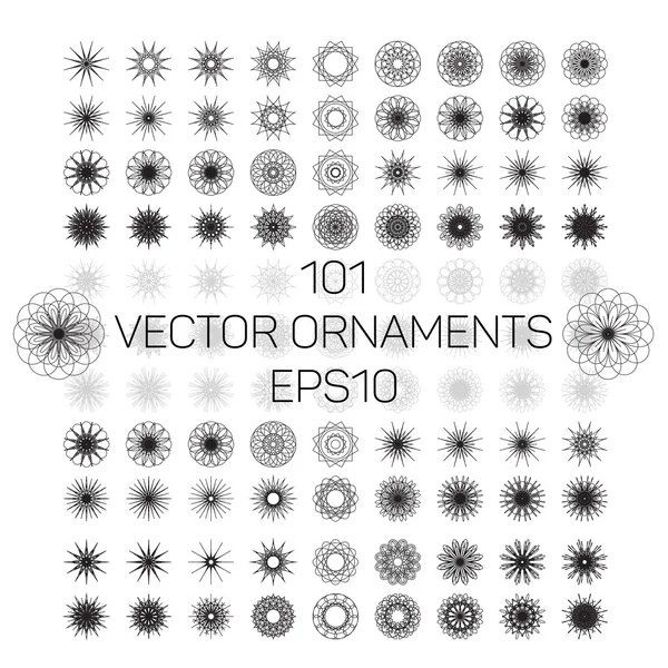 En uppsättning 101 runda spirograph geometrisk ornament in. Vektor illustration Eps10. — Stock vektor