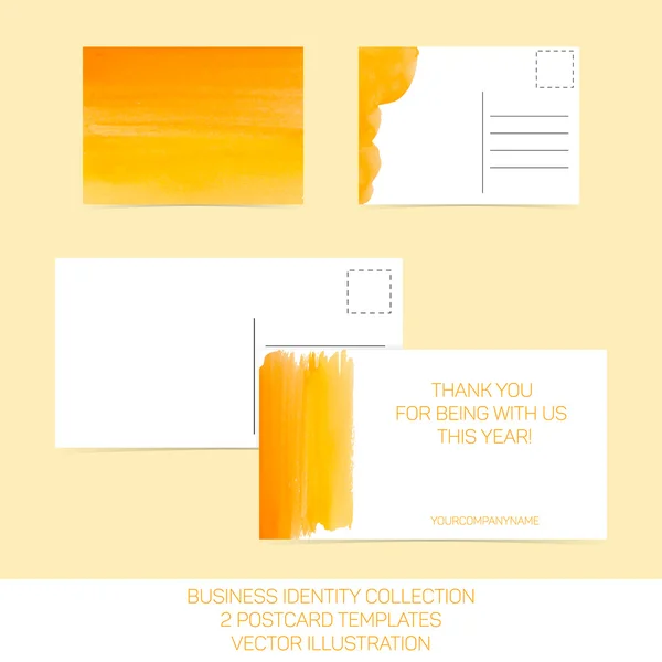 İş kimlik toplama. Turuncu ve sarı renkli suluboya. Kartpostal şablonları arka yüzü ile iki boyutunda. Vektör Eps10. — Stok Vektör