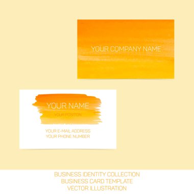 İş kimlik toplama. Turuncu ve sarı renkli suluboya. Kartvizit şablonu için ön ve arka taraf