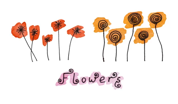 Conjunto de flores abstratas desenhadas à mão preta em manchas aquarela em estilo doodle. Vestígios . Vetores De Bancos De Imagens Sem Royalties