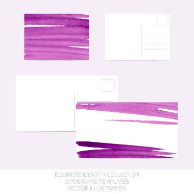 İş kimlik toplama: Mor suluboya. Kartpostal şablonları arka yüzü ile iki boyutunda. Vektör çizim Eps10.