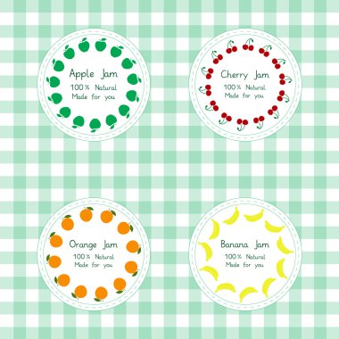 Elma, vişne, portakal, muz reçeli için etiketleri