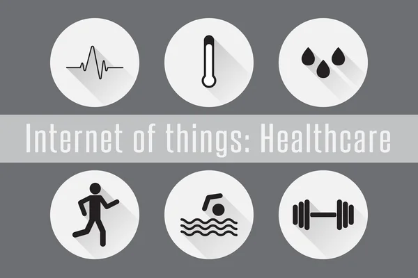 Интернет вещей, IoT-Здравоохранение. Комплект из 6 плоских шкафов. Векторная миграция . Стоковая Иллюстрация