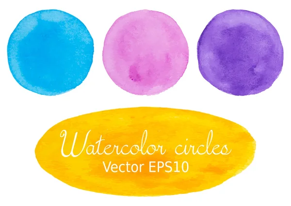 Roze, blauw, geel en paars aquarel hand geschilderd cirkel vorm ontwerpelementen. — Stockvector