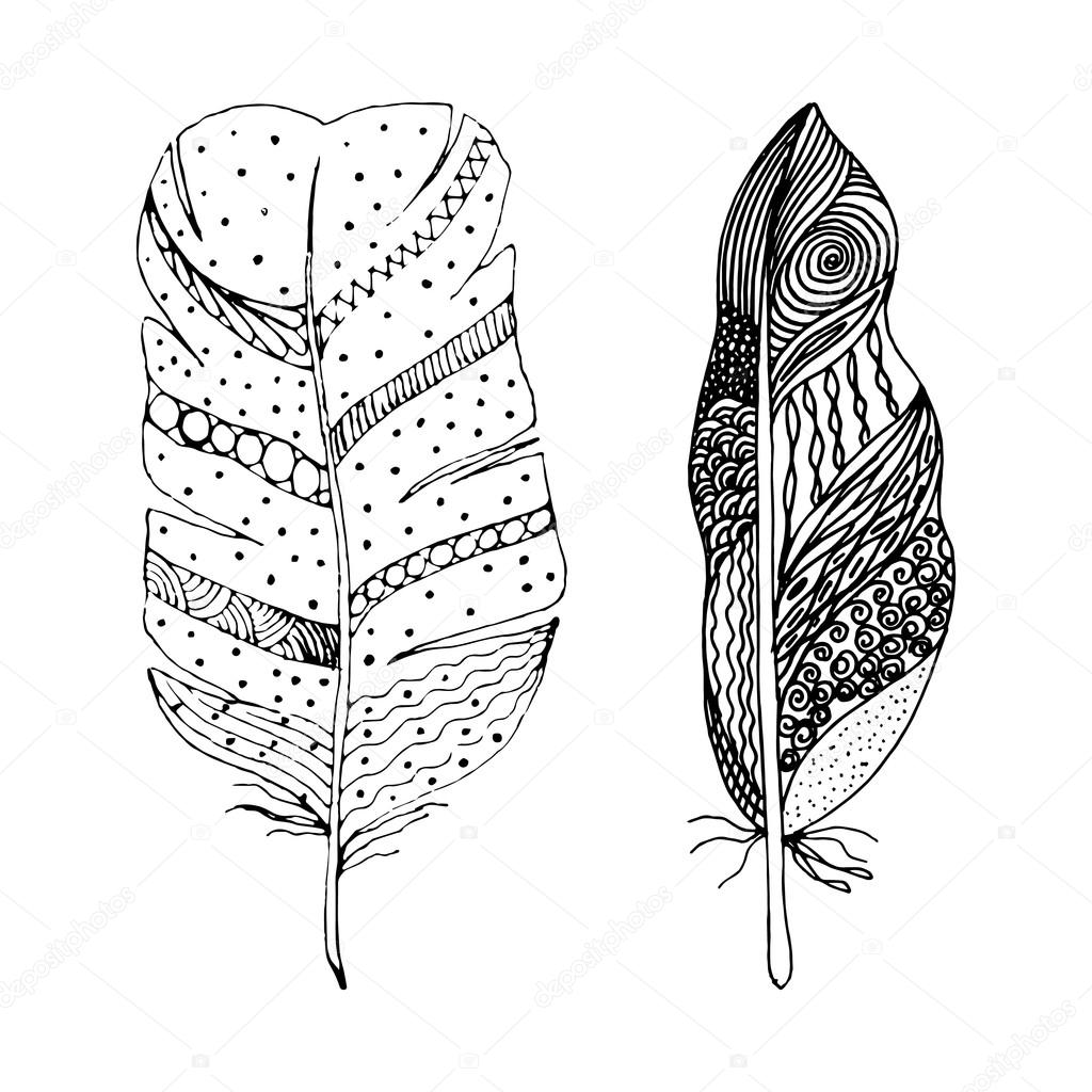 Set of abstract black hand drawn feathers in doodle style. Vector illustration EPS10.