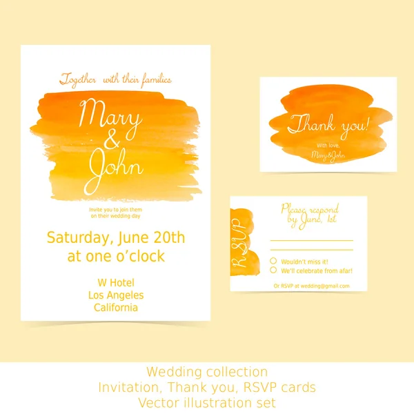 Coleção de cartões de design de casamento. Convite, RSVP, obrigado. Elemento de design de aquarela laranja e amarela. EPS10 . Gráficos Vetores