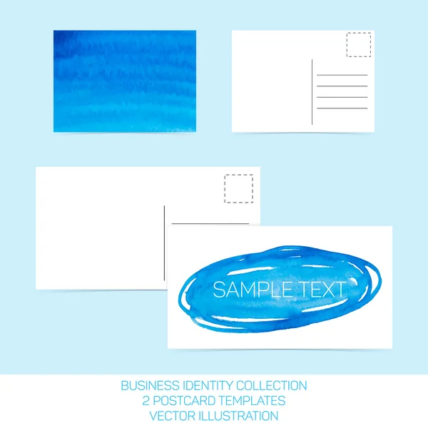Zakelijke identiteit collectie: blauw en turquoise aquarel. Briefkaart sjablonen in twee grootte met achterkant. Vector illustratie Eps10. — Stockvector